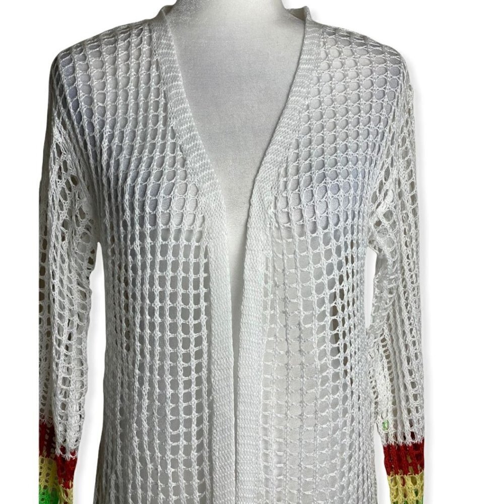 Crochet SWIM COVER UP NEW Boho Gypsy Beach Princess White Striped Womens Size L - Picture 5 of 13